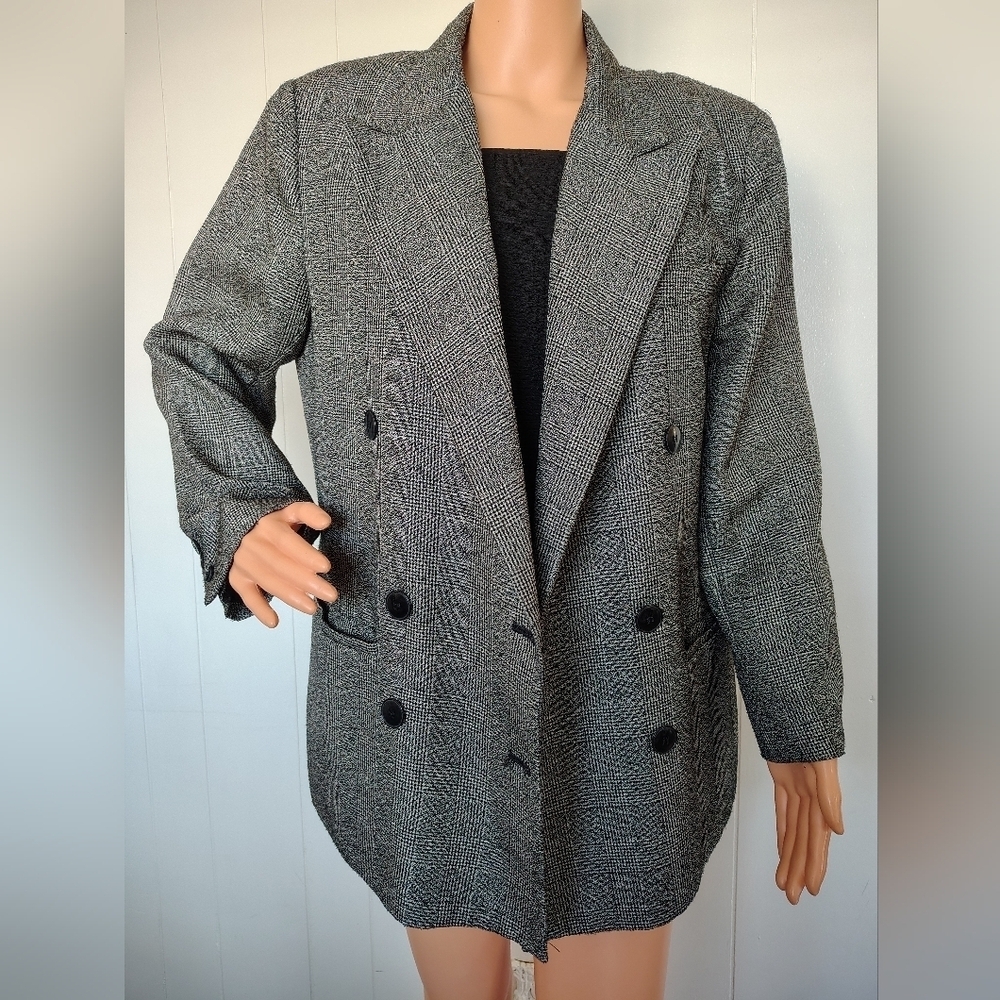 HBS LTD Vintage Women's Gray And Black Double-Breasted Blazer Size 14